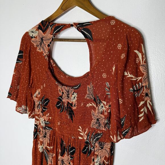 Bohme Dress Womens Small Rust Orange Floral Midi Short Sleeve Boho 100% Rayon - Picture 6 of 9